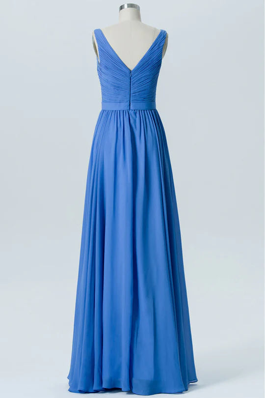 Cobalt Blue Chiffon Pleated V Neck Sleeveless Hidden zipper back Full Length Bridesmaid Dress
