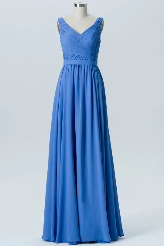Cobalt Blue Chiffon Pleated V Neck Sleeveless Hidden zipper back Full Length Bridesmaid Dress