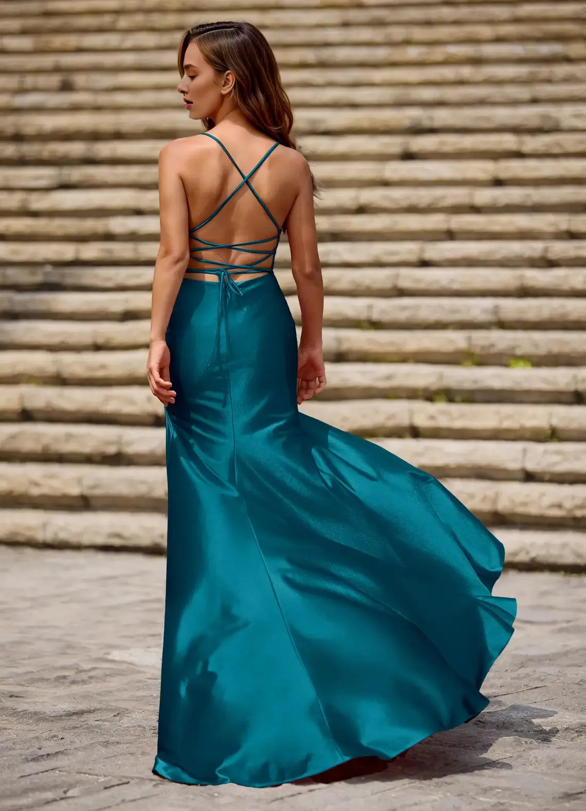 Column Mermaid Spaghetti Straps Pleated Satin Teal Blue Maxi Prom Dress