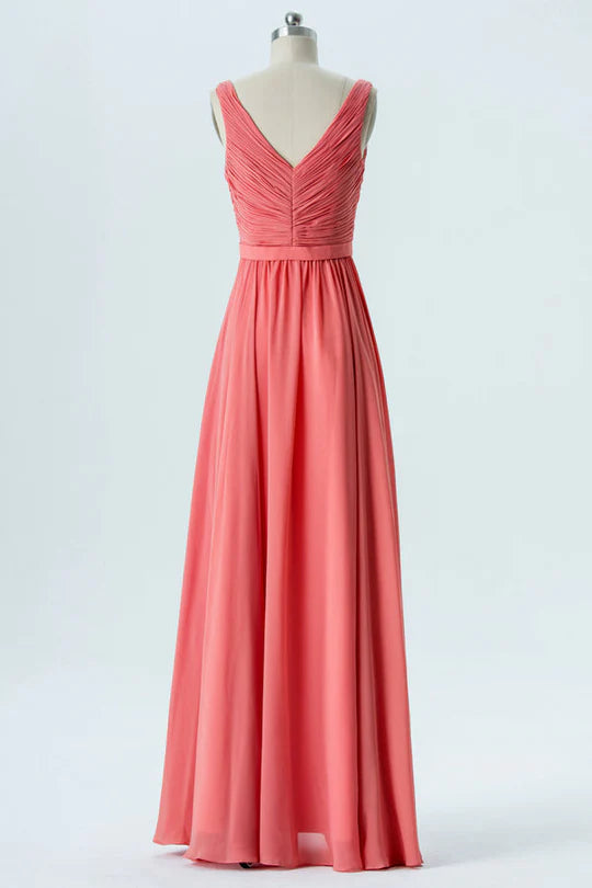 Coral Pink Chiffon Pleated V Neck Sleeveless Ruffled Bridesmaid Dress With Asymmetrical Hem