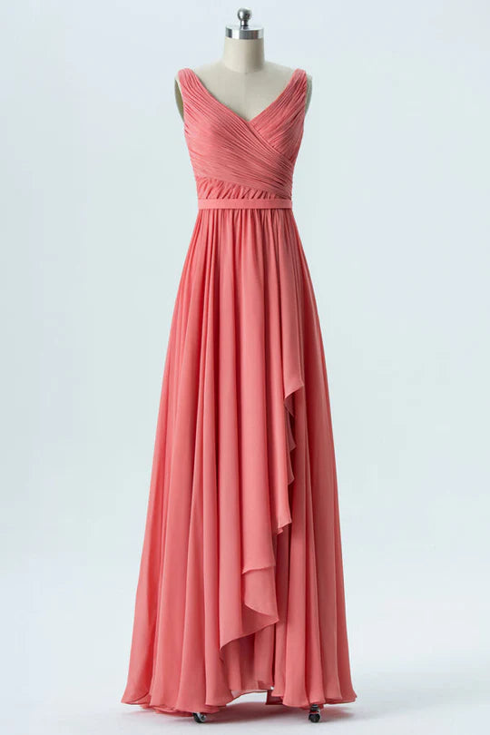 Coral Pink Chiffon Pleated V Neck Sleeveless Ruffled Bridesmaid Dress With Asymmetrical Hem