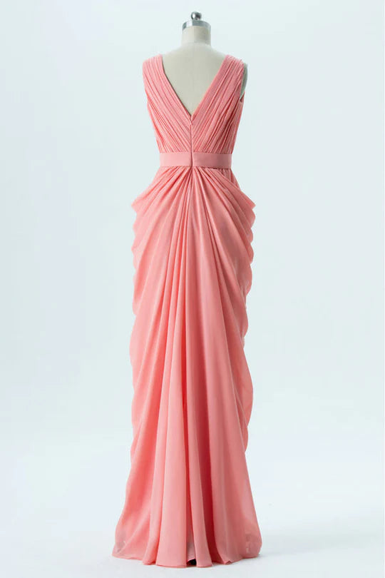 Coral Pink Chiffon Pleated V Neckline Wrap Banded Waist Full Length Zipper Bridesmaid Dress