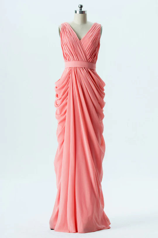 Coral Pink Chiffon Pleated V Neckline Wrap Banded Waist Full Length Zipper Bridesmaid Dress