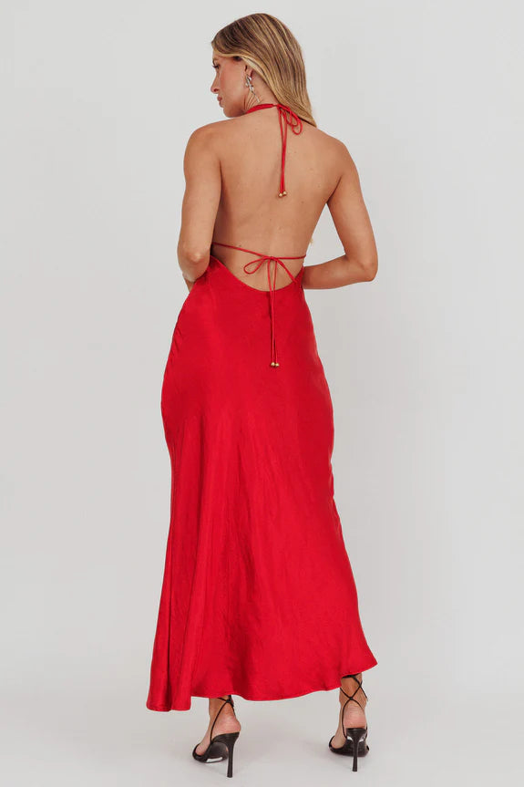 Cowl Halter Neck Open Back Satin Red Maxi Homecoming Dress Prom Dress