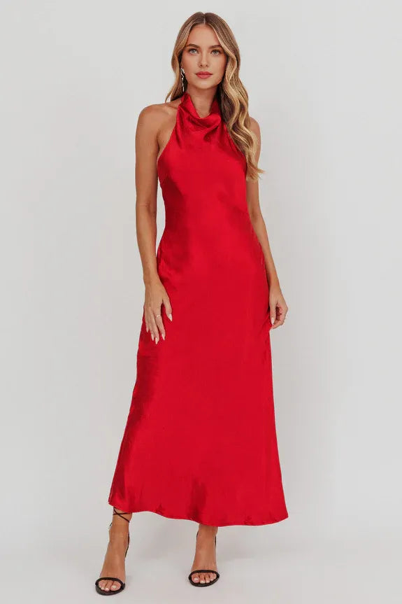 Cowl Halter Neck Open Back Satin Red Maxi Homecoming Dress Prom Dress