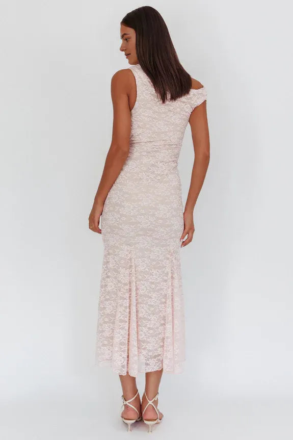 Cowl Neck Asymmetric Shoulder Godet Lace Pink Maxi Homecoming Dress Prom Dress