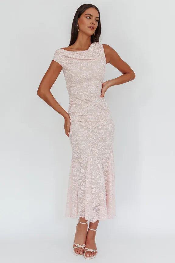 Cowl Neck Asymmetric Shoulder Godet Lace Pink Maxi Homecoming Dress Prom Dress