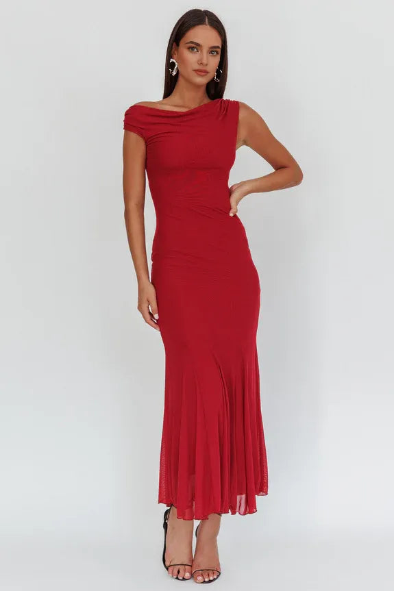 Cowl Neck Asymmetric Shoulder Godet Mesh Wine Maxi Homecoming Dress Prom Dress
