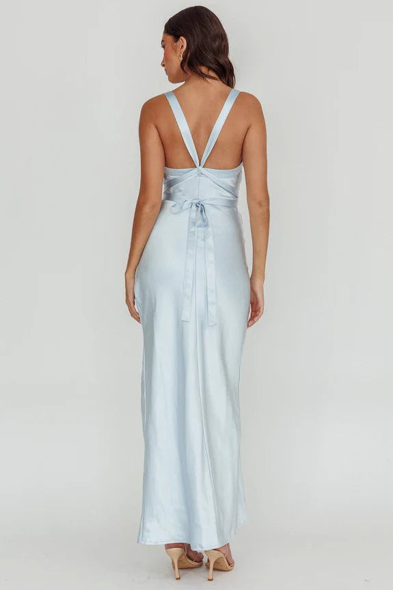 Cowl Neck Asymmetrical Strap Criss-cross Satin Blue Maxi Evening Dress
