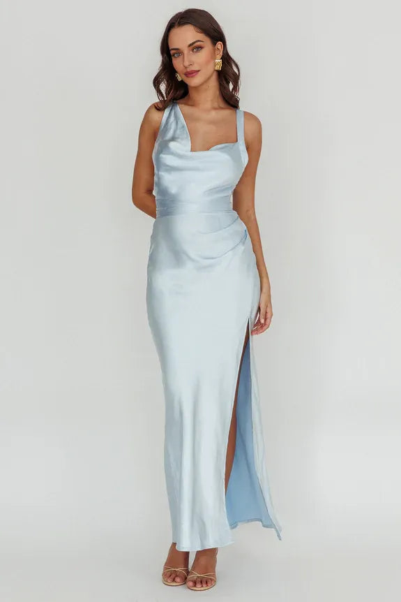 Cowl Neck Asymmetrical Strap Criss-cross Satin Blue Maxi Evening Dress