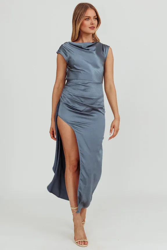 Cowl Neck Cap Sleeve Ruffle Cowl Back Steel Blue Homecoming Dress Prom Dress