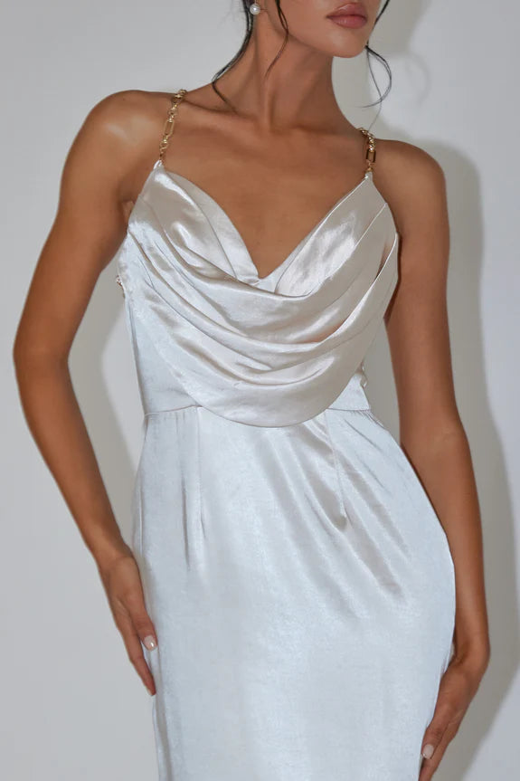 Cowl Neck Chain Strap Pleated Satin Champagne Midi Evening Dress