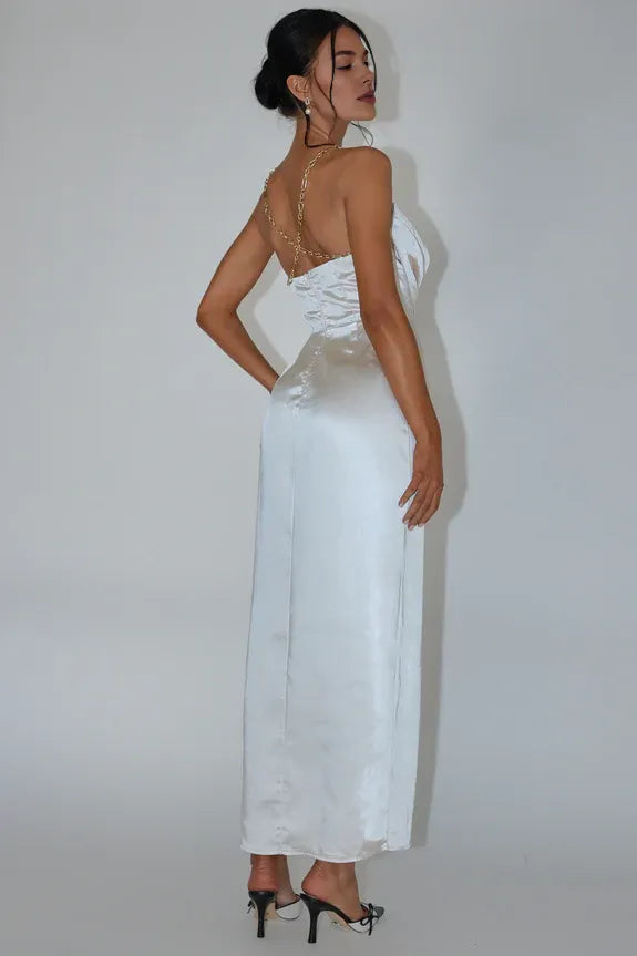 Cowl Neck Chain Strap Pleated Satin Champagne Midi Evening Dress