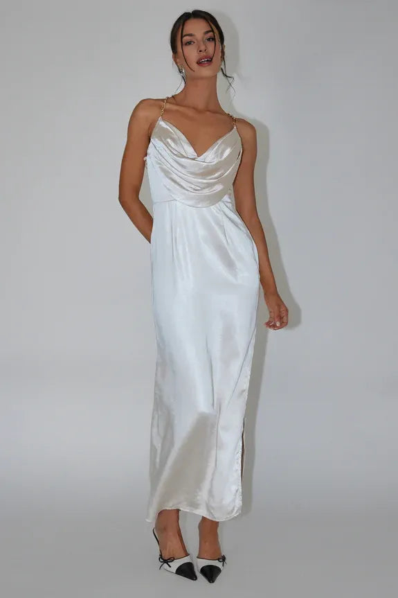 Cowl Neck Chain Strap Pleated Satin Champagne Midi Evening Dress