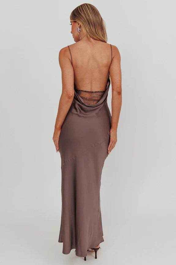 Cowl Neck Cut-Out Lace Insert Warm Grey Maxi Homecoming Dress Prom Dress