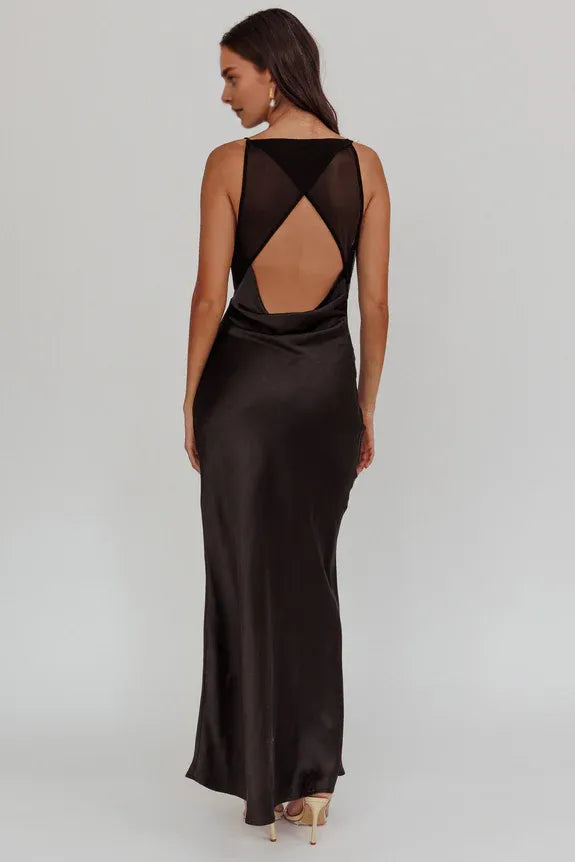 Cowl Neck Cutout Mesh Back Satin Black Maxi Homecoming Dress Prom Dress