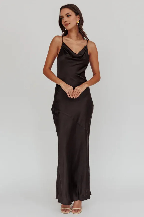 Cowl Neck Cutout Mesh Back Satin Black Maxi Homecoming Dress Prom Dress
