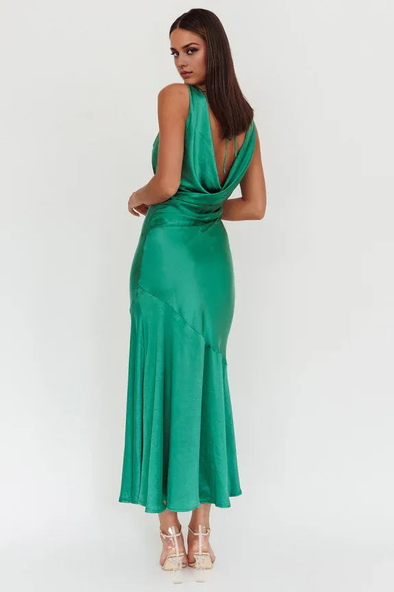 Cowl Neck Drape Back With Tie Emerald Maxi Homecoming Dress Prom Dress