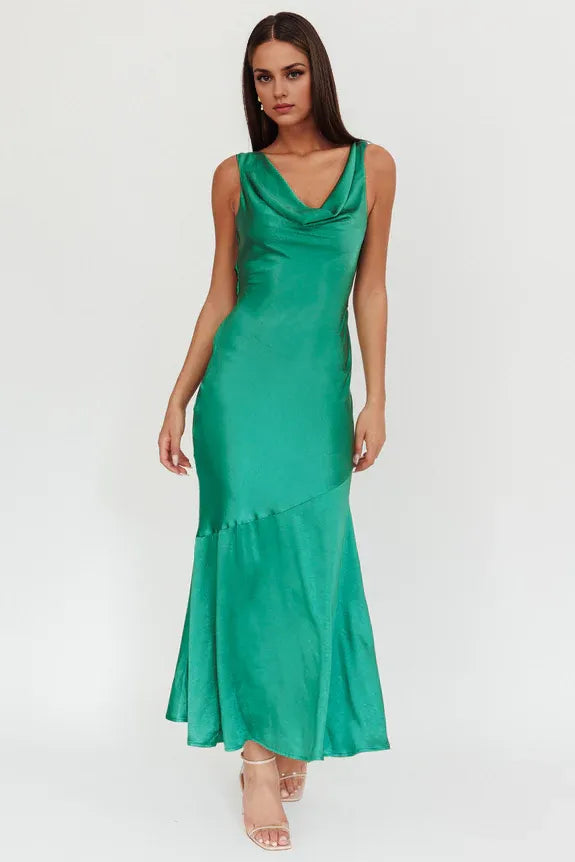 Cowl Neck Drape Back With Tie Emerald Maxi Homecoming Dress Prom Dress