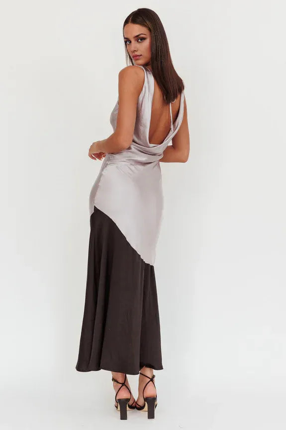 Cowl Neck Drape Back With Tie Smoke Maxi Homecoming Dress Prom Dress