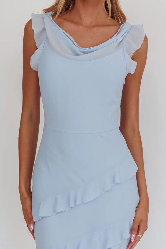 Cowl Neck Frill Blue Maxi Homecoming Dress Prom Dress For Ladies