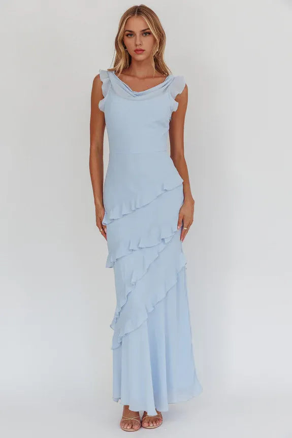 Cowl Neck Frill Blue Maxi Homecoming Dress Prom Dress For Ladies