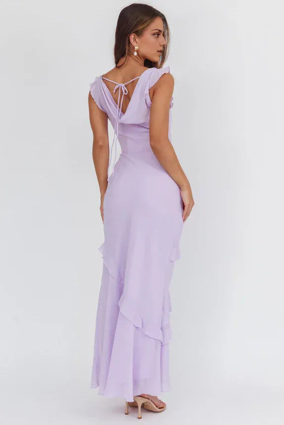 Cowl Neck Frill Lilac Maxi Homecoming Dress Prom Dress For Ladies