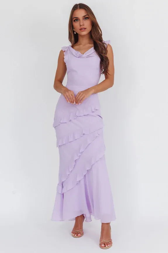 Cowl Neck Frill Lilac Maxi Homecoming Dress Prom Dress For Ladies