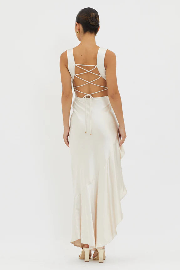 Cowl Neck Lace-Up Back Satin Champagne Maxi Evening Dress With Split