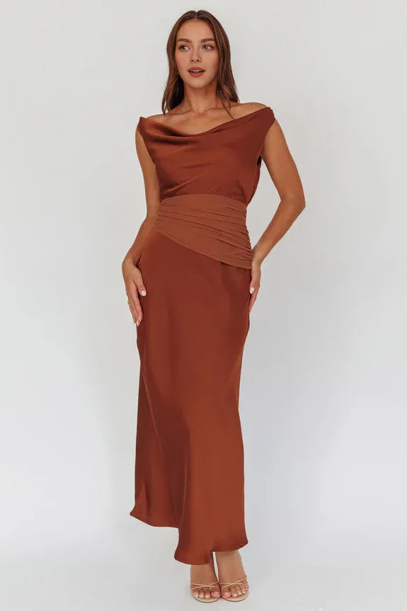 Cowl Neck Open Back Mesh Waist Cocoa Maxi Homecoming Dress Prom Dress