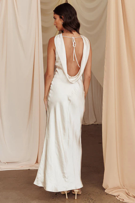 Cowl Neck Pleated Cutout Satin Champagne Maxi Evening Dress For Women