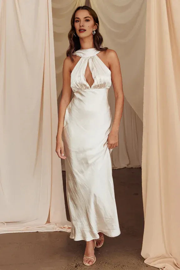 Cowl Neck Pleated Cutout Satin Champagne Maxi Evening Dress For Women