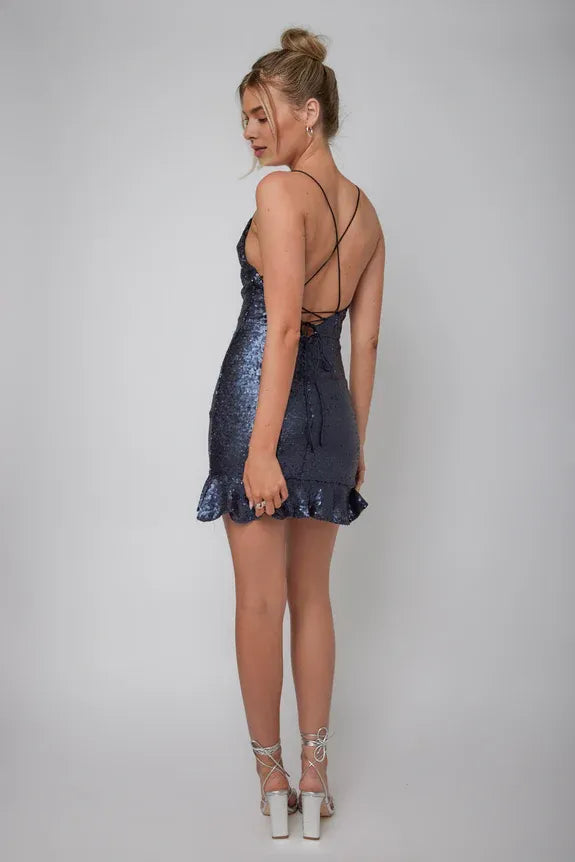 Cowl Neck Ruffle Lace-Up Back Sequin Midnight Mini Homecoming Dress
