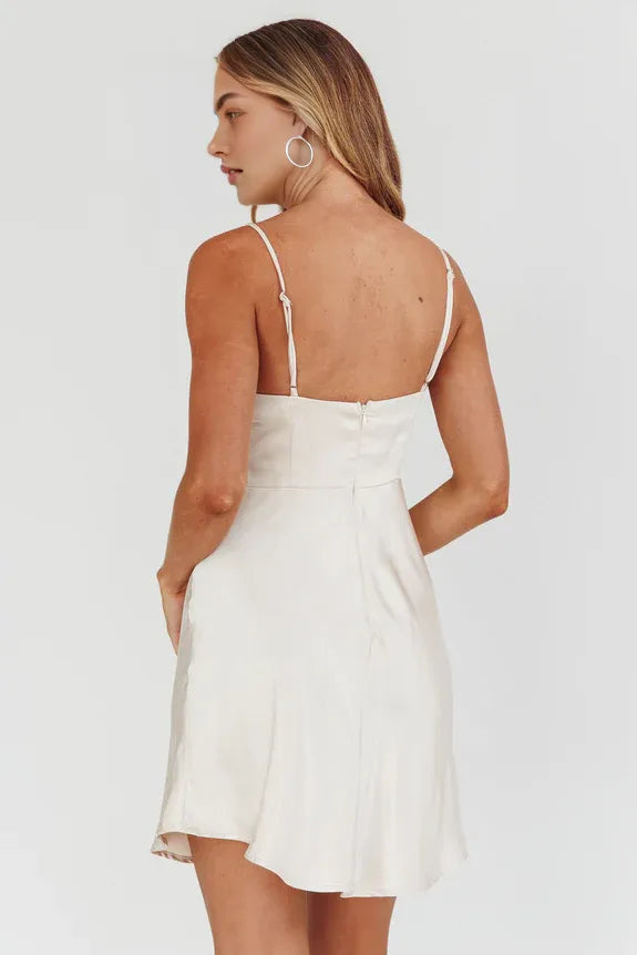 Cowl Neck Spaghetti Straps Pleated Champagne Mini Homecoming Dress