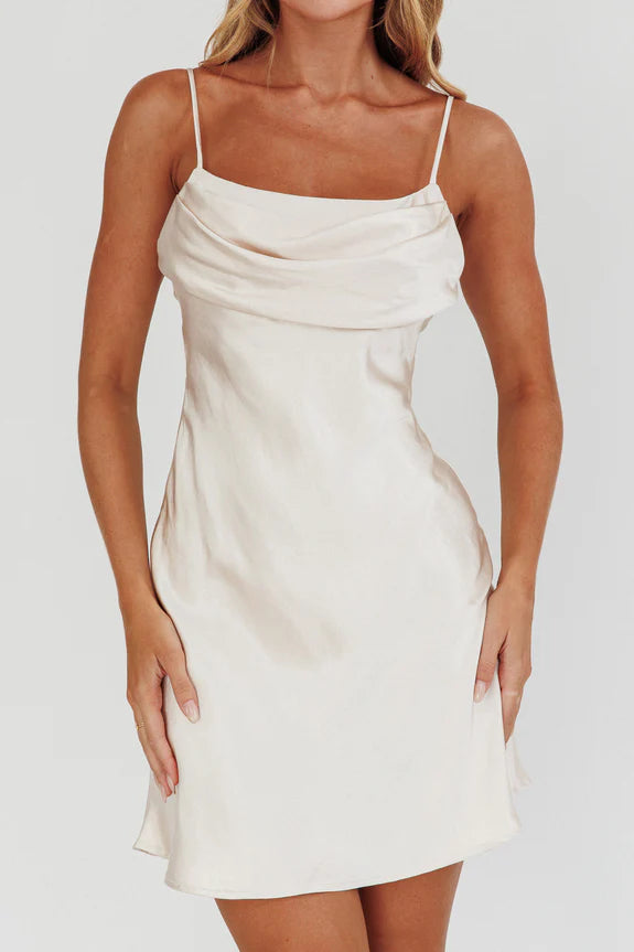 Cowl Neck Spaghetti Straps Pleated Champagne Mini Homecoming Dress