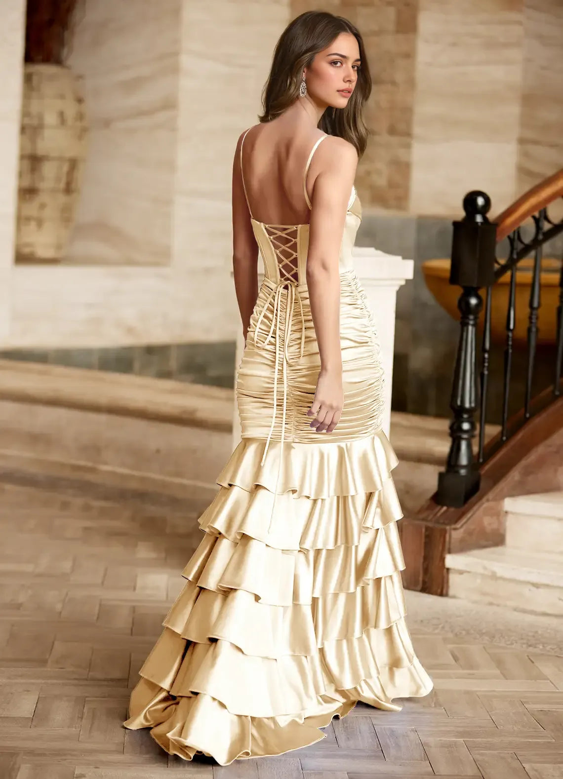 Cowl Neck Spaghetti Straps Pleated Tiered Ruffled Champagne Prom Dress