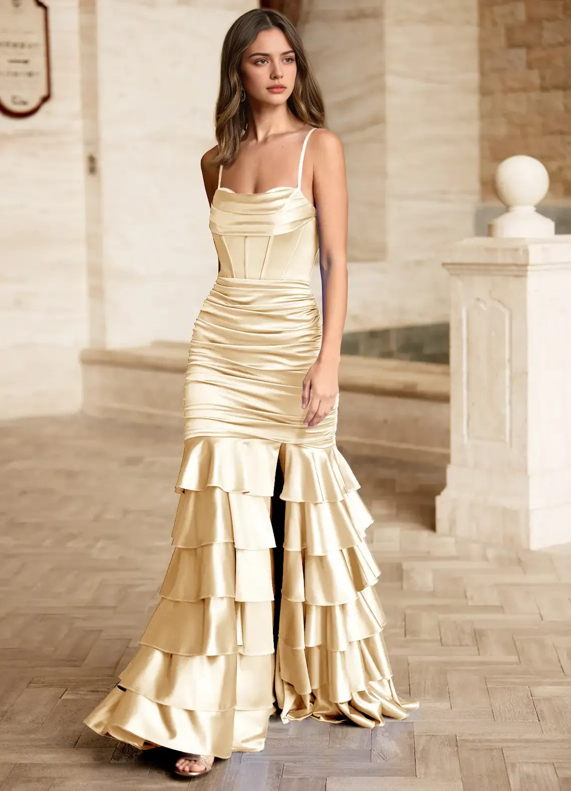 Cowl Neck Spaghetti Straps Pleated Tiered Ruffled Champagne Prom Dress