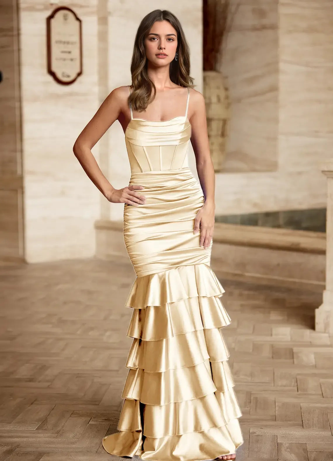 Cowl Neck Spaghetti Straps Pleated Tiered Ruffled Champagne Prom Dress