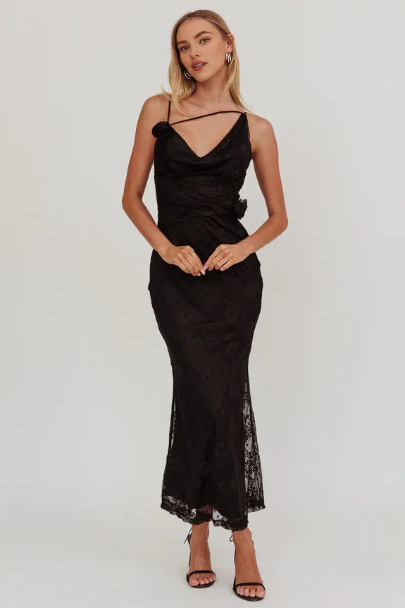 Cowl Neck Spaghetti Straps Rosette Lace Black Maxi Homecoming Dress Prom Dress