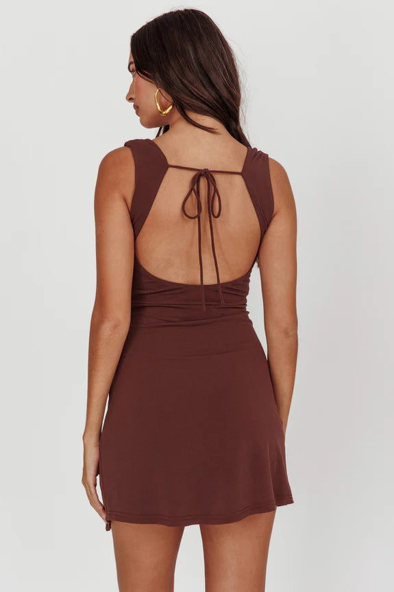 Cowl Neck Thigh Split Open Back Chocolate Mini Homecoming Dress