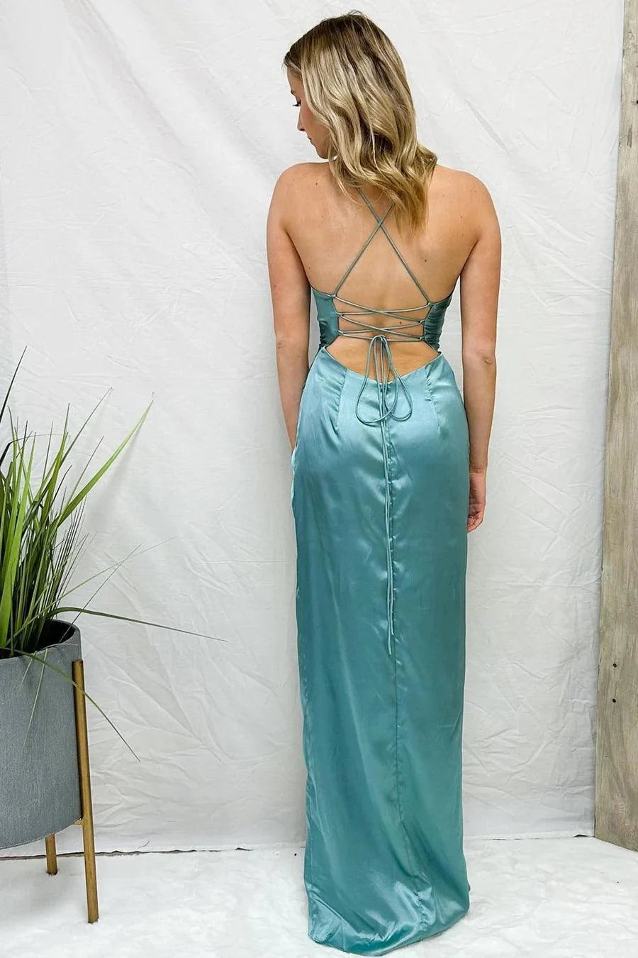 Cowl Neck Twist Knot Satin Light Blue Long Evening Dress With Slit