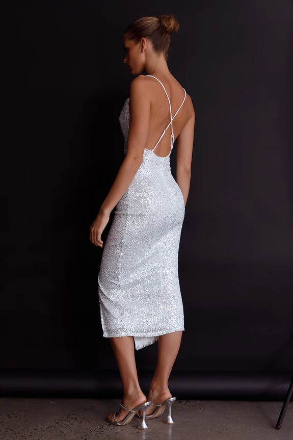 Cowl Neckline Twist Feature Cutout Sequin Silver Midi Evening Dress