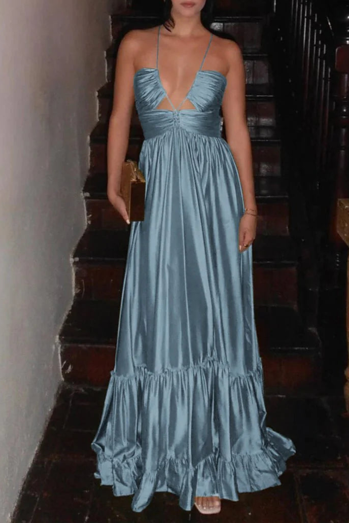 Criss-cross Chartreuse Satin Ruched Spaghetti Straps Halter Sleeveless A-line Long Evening Dress