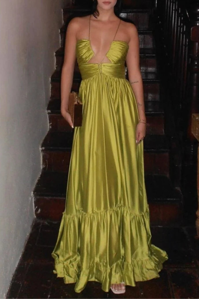 Criss-cross Chartreuse Satin Ruched Spaghetti Straps Halter Sleeveless A-line Long Evening Dress