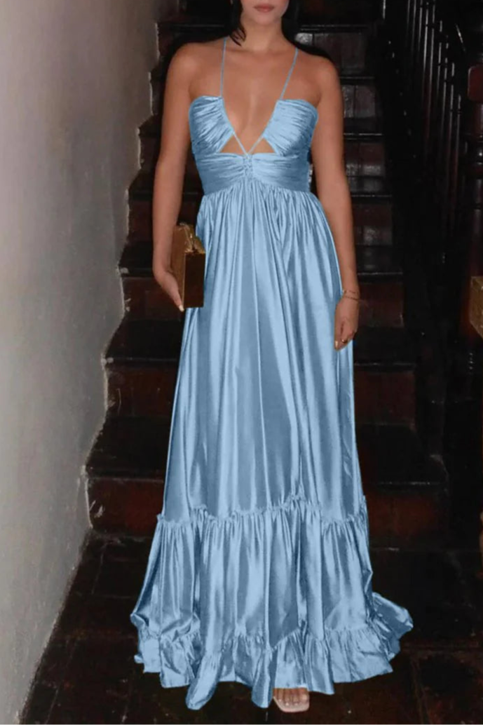 Criss-cross Chartreuse Satin Ruched Spaghetti Straps Halter Sleeveless A-line Long Evening Dress