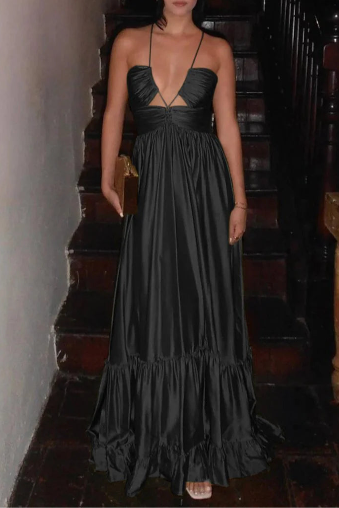 Criss-cross Chartreuse Satin Ruched Spaghetti Straps Halter Sleeveless A-line Long Evening Dress