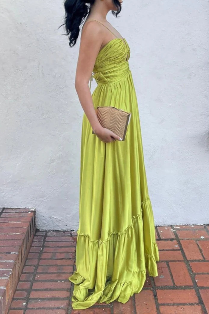 Criss-cross Chartreuse Satin Ruched Spaghetti Straps Halter Sleeveless A-line Long Evening Dress