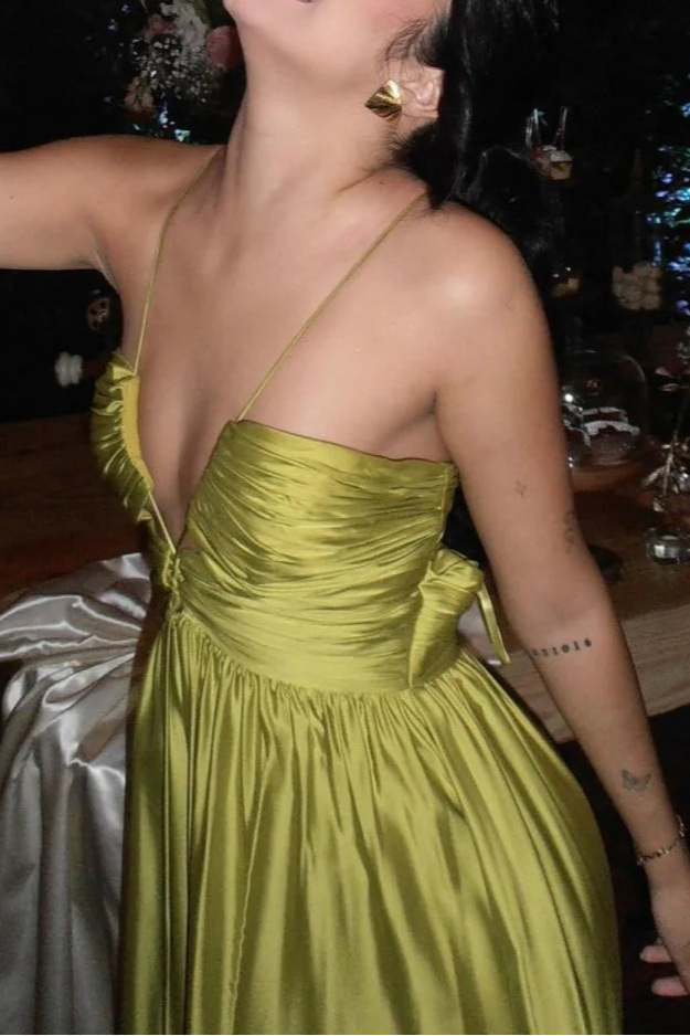 Criss-cross Chartreuse Satin Ruched Spaghetti Straps Halter Sleeveless A-line Long Evening Dress