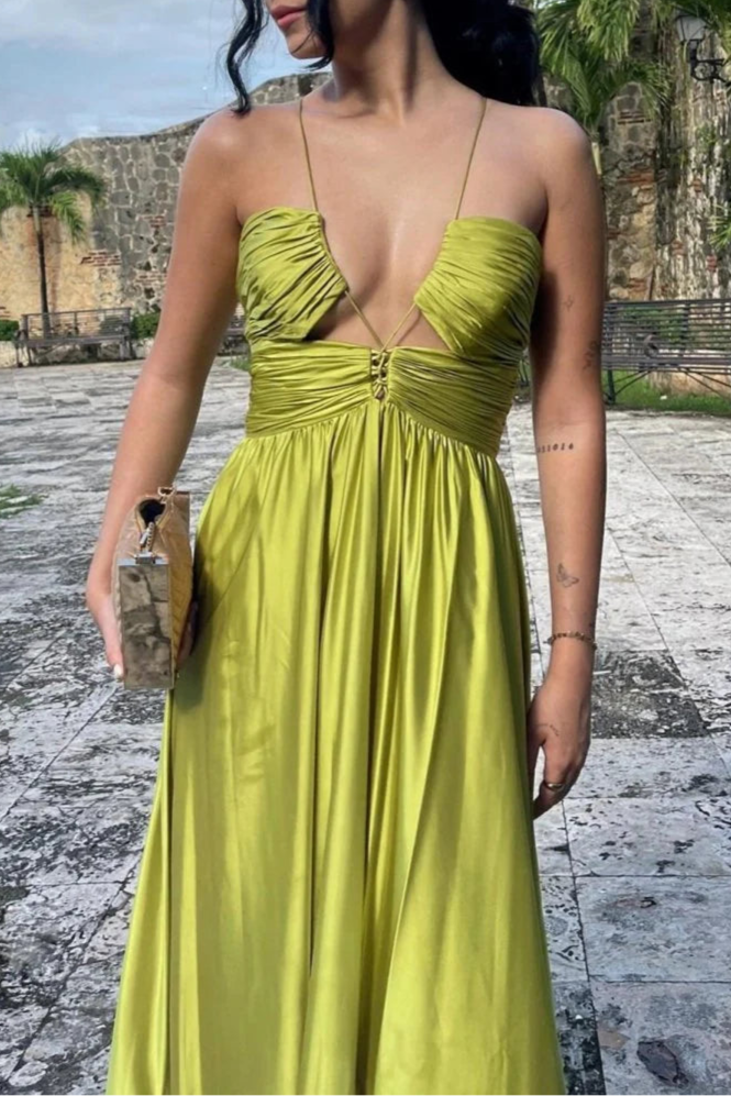 Criss-cross Chartreuse Satin Ruched Spaghetti Straps Halter Sleeveless A-line Long Evening Dress