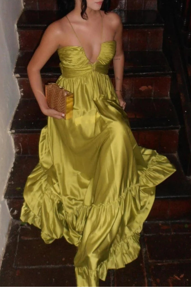 Criss-cross Chartreuse Satin Ruched Spaghetti Straps Halter Sleeveless A-line Long Evening Dress
